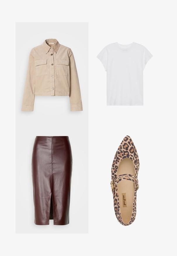 Beige cropped jakke lavet af bomuld. Har en spids krave, to forlommer og knaplukning. Struktureret stof med en subtil glans.; Hvid kortærmet t-shirt med rund hals, afslappet pasform, lavet af blødt bomuldsstof. Glat tekstur, ingen mønstre eller logoer.; Høj talje pencil nederdel i mørkebrunt læder med bagside midtersøm og en slids bagpå, præsenteret på en hvid baggrund.; Leopard-print Mary Jane sko med spids tå, blødt stof overdel og en rem forsynet med en guldbuckle. Kig til cremeforing og sål.