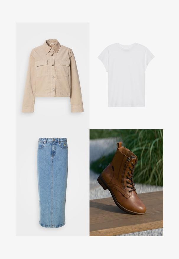 Beige cropped jakke lavet af bomuld. Har en spids krave, to forlommer og knaplukning. Struktureret stof med en subtil glans.; Hvid kortærmet t-shirt med rund hals, afslappet pasform, lavet af blødt bomuldsstof. Glat tekstur, ingen mønstre eller logoer.; Lysblå denim midi-nederdel med lige silhuet, frontknaplukning og sidelommer. Har diskret syning og et mærke patch.; Brun læderankelstøvle med lynlås på siden og snørebånd, placeret på en træoverflade udendørs med sløret grønt område i baggrunden.