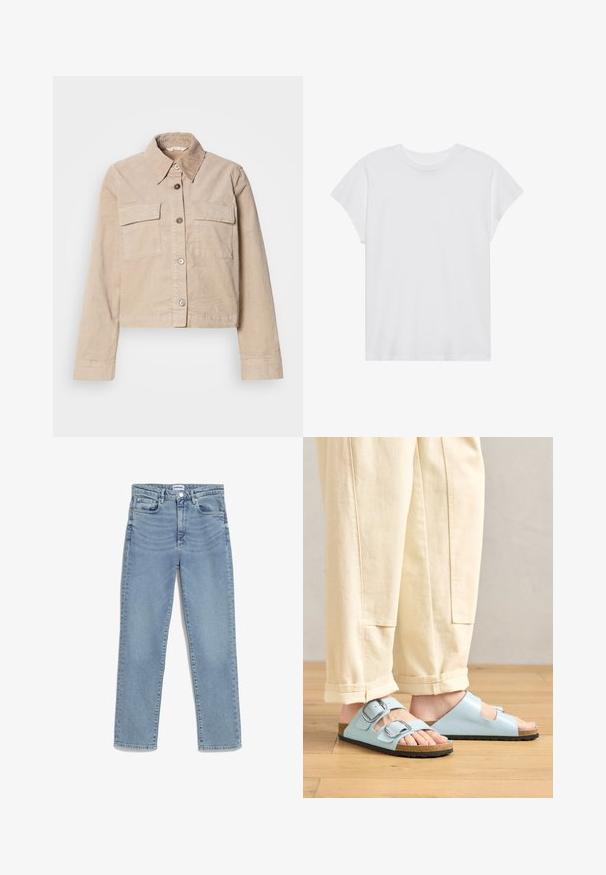 Beige verkürzte Jacke aus Baumwolle. Verfügt über einen spitzen Kragen, zwei Vorderaschen und einen Knopfverschluss. Texturiert mit einem subtilen Glanz.; Weißes kurzärmliges T-Shirt mit Rundhalsausschnitt, lockerer Passform, aus weichem Baumwollstoff. Glatte Textur, keine Muster oder Logos.; Hellblaue Jeans mit geradem Schnitt, fünf Taschen, vorderem Knopfverschluss und sanften Ausbleichungen am Oberschenkel. Klassische Denim-Struktur.; Himmelblaues Offene-Schuhe-Sandalen mit doppelten Schnallen, Korkfußbett und schwarzer Gummisohle, kombiniert mit cremefarbener, weit geschnittener Hose.
