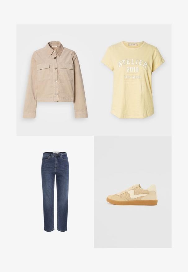 Beige cropped jasje van katoen. Heeft een puntige kraag, twee voorkruiszakken en een knoopsluiting. Getextureerde stof met een subtiele glans.; Geel-wit dun gestreept T-shirt met korte mouwen en de tekst "ATELIER 2010 MOS MOSH" in het wit gedrukt op de borst.; Blauwe spijkerbroek met rechte pijpen, voorzakken, riemlussen en knoopsluiting, getoond tegen een witte achtergrond.; Beige sneaker van suede en mesh materialen, ronde vorm, opvallende gepolsterde kraag en een gumrubberen zool. Kenmerkt zich door een golvend ontwerp accent.