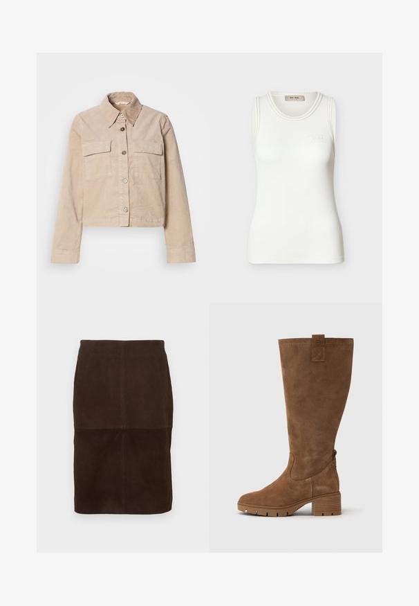 Veste beige coupée en coton. Présente un col pointu, deux poches avant et une fermeture à boutons. Tissu texturé avec un léger éclat.; Débardeur blanc à côtes, sans manches, avec un col rond et un logo discret "Mos Mosh" sur la poitrine.; Jupe crayon en daim marron foncé avec des détails de coutures visibles, longueur genoux, présentée sur un fond clair.; Tamaris Bottes - brown