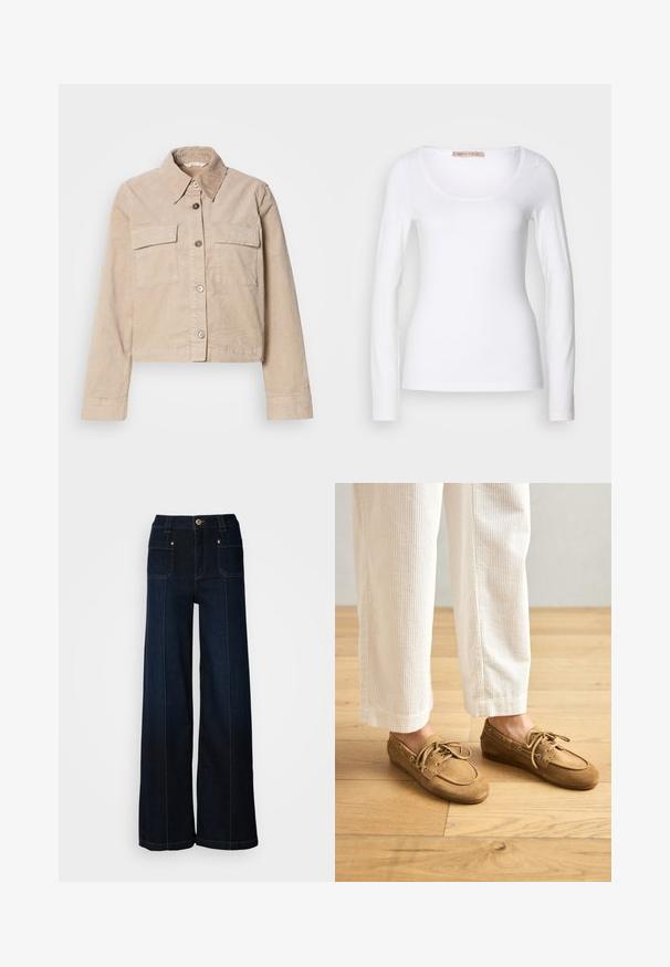Beige cropped jakke lavet af bomuld. Har en spids krave, to forlommer og knaplukning. Struktureret stof med en subtil glans.; Langærmet hvid bomulds T-shirt med rund halsudskæring og tætsiddende design, med glat tekstur og uden udsmykninger.; Bredde ben denimjeans i mørkeblå. Har forlommer, guldfarvet hardware og kontrasterende syninger. Glat tekstur med et afslappet design.; Brune ruskinds bådsko med snørebånd, der har en rund tå og syede detaljer. Båret med hvide kordfløjl-bukser i en træagtig indstilling.