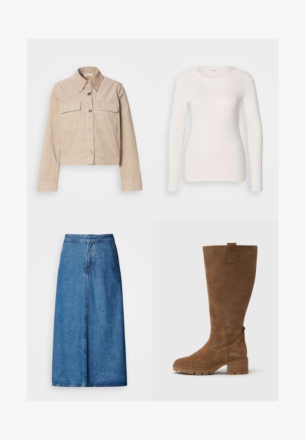 Veste beige coupée en coton. Présente un col pointu, deux poches avant et une fermeture à boutons. Tissu texturé avec un léger éclat.; Haut à manches longues blanc en maille côtelée avec un col rond, une texture lisse et une coupe ajustée. Des lignes verticales subtiles créent une apparence épurée.; Jupe midi en denim à coupe décontractée, avec une taille haute, un ourlet effiloché et une couleur bleu uni. Design simple sans ornements visibles.; Tamaris Bottes - brown