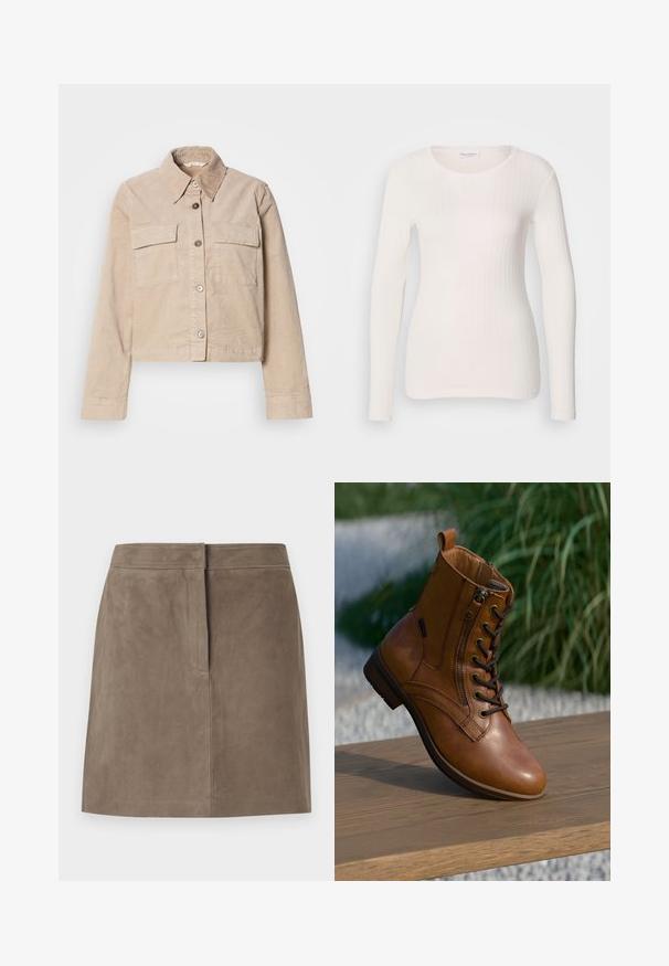 Veste beige coupée en coton. Présente un col pointu, deux poches avant et une fermeture à boutons. Tissu texturé avec un léger éclat.; Haut à manches longues blanc en maille côtelée avec un col rond, une texture lisse et une coupe ajustée. Des lignes verticales subtiles créent une apparence épurée.; Jupe en suede taupe, longueur genou, avec une coupe droite et un détail de couture dissimulé à l'avant, sur fond uni.; Bottine en cuir marron avec fermeture éclair latérale et lacets, posée sur une surface en bois à l'extérieur avec un arrière-plan flou de verdure.