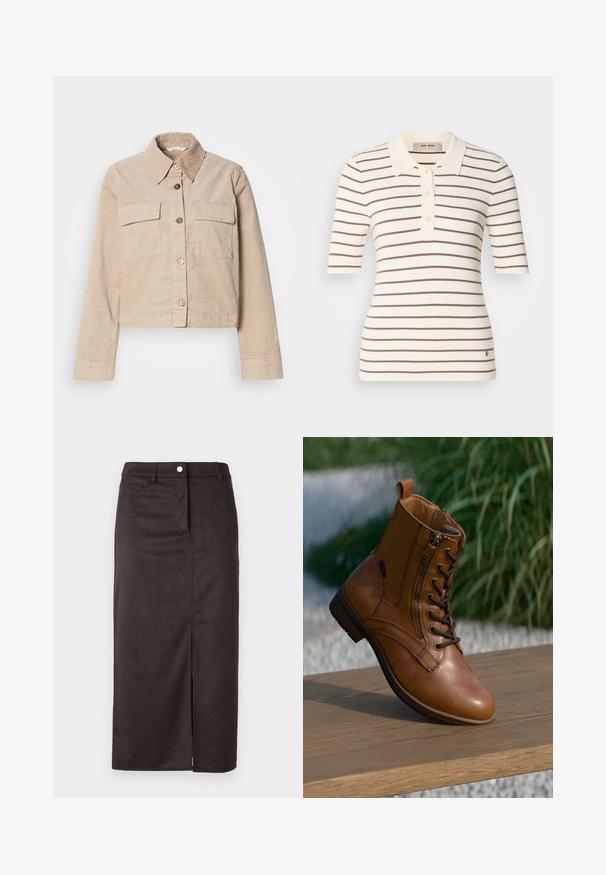 Beige cropped jakke lavet af bomuld. Har en spids krave, to forlommer og knaplukning. Struktureret stof med en subtil glans.; Ribbet polo skjorte i cremefarve med brune vandrette striber. Har en krave, knappelukning og korte ærmer. Diskret logo detalje ved kanten.; Brun, knælang nederdel lavet af glat stof. Har en frontslids, knaplukning og sidelommer for ekstra funktionalitet.; Brun læderankelstøvle med lynlås på siden og snørebånd, placeret på en træoverflade udendørs med sløret grønt område i baggrunden.