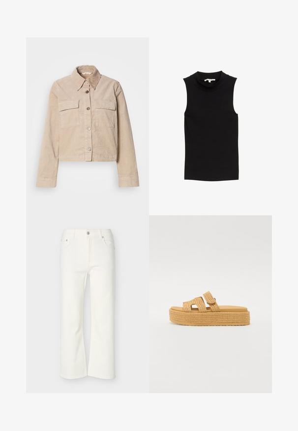 Beige cropped jasje van katoen. Heeft een puntige kraag, twee voorkruiszakken en een knoopsluiting. Getextureerde stof met een subtiele glans.; Zwarte mouwloze top met een geribbelde textuur, hoge halslijn en eenvoudig ontwerp. Geen zichtbare hardware of patronen.; Witte cropped flare jeans met knopen- en ritssluiting aan de voorkant, riemlussen, en voor- en achterzakken, getoond tegen een effen achtergrond.; Steve Madden BIGMISSILE - Pantoffels - beige