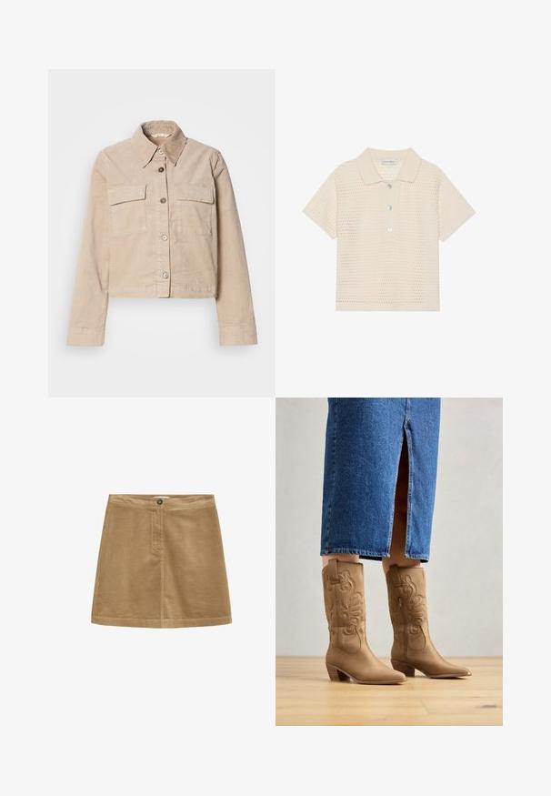 Beige cropped jakke lavet af bomuld. Har en spids krave, to forlommer og knaplukning. Struktureret stof med en subtil glans.; Cremefarvet polo t-shirt med perforeret design, korte ærmer og foldet krave. Har tre knaps lukning foran med klare knapper.; Brun fløjl mini nederdel med knaplukning, der har en vertikal ribbet tekstur og et enkelt design. Kanten er lige og velafgrænset.; Tan western-stil støvler med dekorativ syning, spids tå og stakket hæl. Båret med en denimnederdel i knæ længde, der afslører støvlerne.