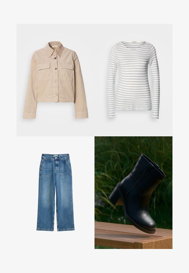 Beige cropped jasje van katoen. Heeft een puntige kraag, twee voorkruiszakken en een knoopsluiting. Getextureerde stof met een subtiele glans.; Gestreepte lange mouw top van zachte stof, met afwisselend lichtgrijze en witte strepen. Ronde halslijn en aansluitend ontwerp met lange mouwen.; Hoge taille wijde spijkerbroek in blauw denim, met voorzakken, riemlussen en een sluiting met knoop en rits aan de voorkant.; Zwarte leren enkellaars met blokhak zwevend boven een houten oppervlak, met groen gras op de wazige achtergrond.