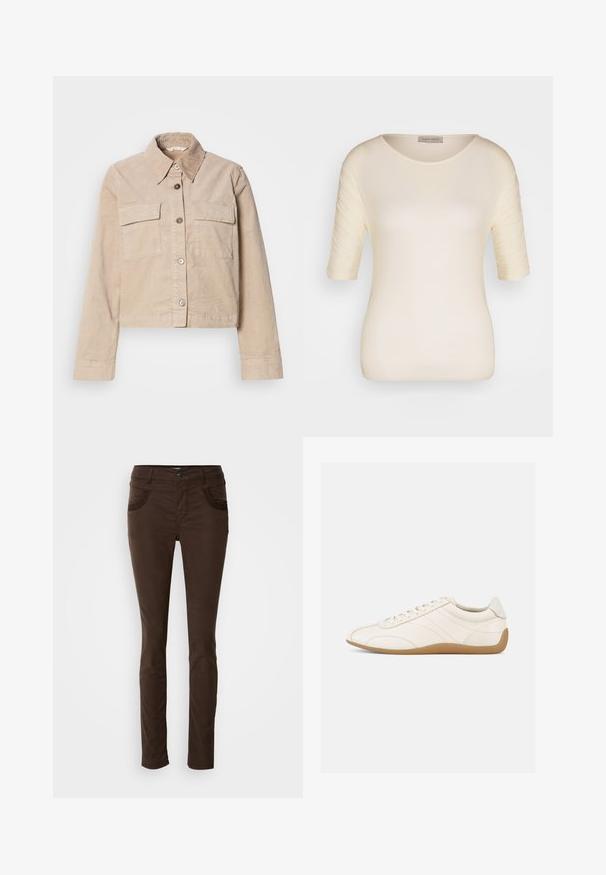 Beige verkürzte Jacke aus Baumwolle. Verfügt über einen spitzen Kragen, zwei Vorderaschen und einen Knopfverschluss. Texturiert mit einem subtilen Glanz.; Cremfarbener kurzärmliger Oberteil aus weichem Stoff mit rundem Ausschnitt und subtiler Textur an den Ärmeln. Etikett am Ausschnitt sichtbar.; Braune, schlank geschnittene Stoffhosen aus Baumwollmischgewebe. Verfügt über eine dekorative Steppnaht an den Fronttaschen, einen Knopfverschluss und eine glatte Textur.; Weißer Ledersneaker mit glatter Textur, abgerundetem Zehenbereich und tonalen Nähten. Verfügt über eine braune Gummisohle und eine Schnürverschluss.