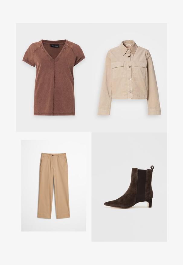 Veste beige coupée en coton. Présente un col pointu, deux poches avant et une fermeture à boutons. Tissu texturé avec un léger éclat.; T-shirt marron à manches courtes avec col en V, coutures visibles et une étiquette noire "ANNA FIELD" à l'intérieur du col.; Pantalon beige en coton avec jambes droites, fermeture à bouton sur le devant et texture lisse. Comprend des passants de ceinture standard et un design à l'avant plat.; Bottine en daim marron avec un bout pointu, des panneaux latéraux élastiques, un petit talon carré et une languette à l'arrière pour un enfilage facile.