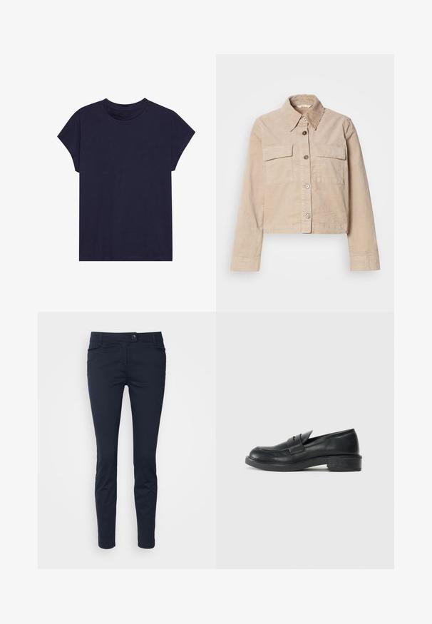 Beige verkürzte Jacke aus Baumwolle. Verfügt über einen spitzen Kragen, zwei Vorderaschen und einen Knopfverschluss. Texturiert mit einem subtilen Glanz.; Dunkelblaue Baumwoll-T-Shirt mit rundem Ausschnitt und kurzen Ärmeln, das einen lockeren Schnitt und eine glatte Textur bietet. Keine Muster oder Akzente.; Marineblaue Hose aus glattem Stoff, mit Vordertaschen, Knopfverschluss und slim fit Design.; Schwarze Lederloafers mit abgerundetem Zehenbereich, genähten Details und kleinem Absatz. Glatte Textur und eine flexible Gummisohle.