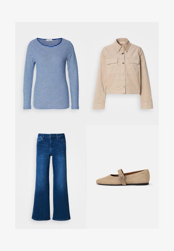 Beige verkürzte Jacke aus Baumwolle. Verfügt über einen spitzen Kragen, zwei Vorderaschen und einen Knopfverschluss. Texturiert mit einem subtilen Glanz.; Langarmshirt mit Rundhalsausschnitt, das abwechselnd blaue und weiße horizontale Streifen aufweist. Hergestellt aus weichem, leichtem Stoff.; Blaue Denim-Jeans mit weitem Bein und hohem Bund, ausgestattet mit fünf Taschen, Knopf- und Reißverschluss und einer glatten, gleichmäßigen Textur.; Beige Wildleder Mary Jane Ballerinas mit spitzer Zehe und einem verstellbaren Riemen mit einer silbernen Schnalle. Schwarze flache Sohle.
