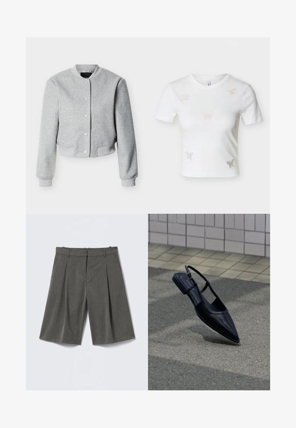 Blouson bomber gris clair en mélange de laine avec boutons-pression, col, poignets et ourlet côtelés, présenté sur fond blanc.; T-shirt blanc court à manches courtes avec cinq petits papillons en strass sur le devant.; Shorts ajustés gris à fines rayures, longueur au genou, avec poches latérales, passants pour ceinture et plis à l'avant, posés à plat sur un fond clair.; Chaussure plate noire à bout pointu avec bride arrière, flottant au-dessus d'une surface en bitume à côté d'un trottoir carrelé.