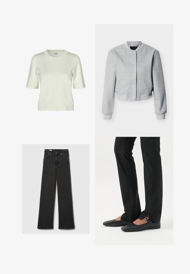 Lysegrå bomberjakke i uldblanding med trykknapper, ribbet krave, manchetter og kant, vist mod en hvid baggrund.; Strikket kortærmet sweater i off-white med rund halsudskæring og en glat, blød tekstur. Enkel og klassisk design.; Sorte højtaljede jeans med lige ben og fem lommer samt kobbernitter, lagt fladt ud på en lys grå baggrund.; Ben iført sorte smalle bukser med forreste slidser ved kanten, parret med sorte flade Mary Jane-sko med lille spænde.