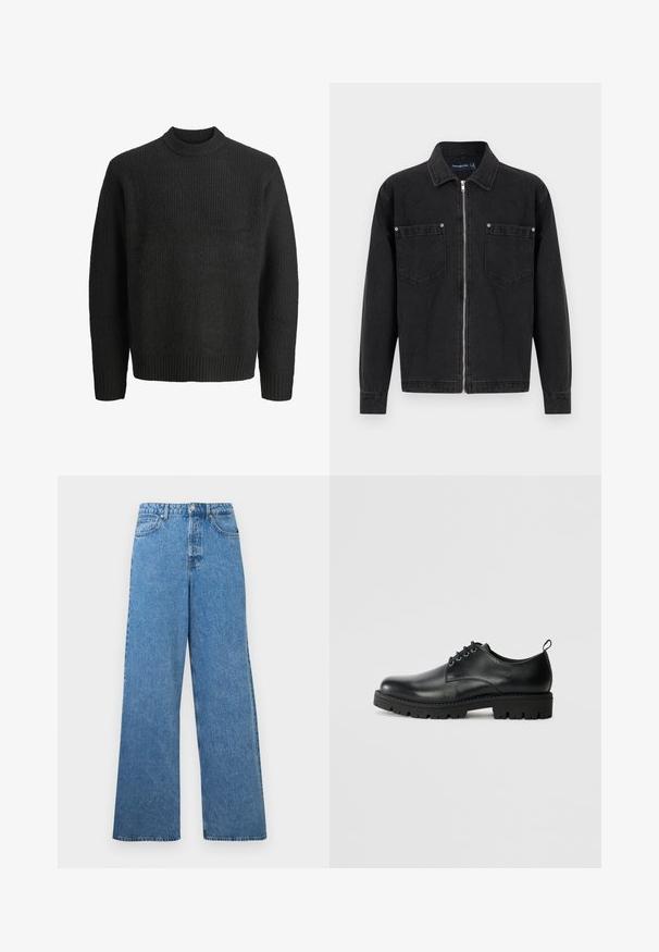 Sort denimjakke med lange ærmer, fuld lynlås foran, to brystlommer med knappetaljer og en klassisk krave.; Sort strikket crewneck-sweater med lange ærmer og ribbede manchetter og kant, vist på hvid baggrund.; Blå højhalset vidbenede denimjeans med forreste knap, lynlås, bæltestropper samt for- og baglommer.; Sort læder sko med en rund tå, der har snørelukning, solid sort gummisål og en lille hælflap bagpå.