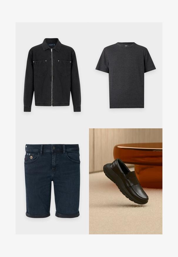 Veste en denim noir à manches longues, fermeture éclair intégrale à l'avant, deux poches poitrine avec détails à boutons, et col classique.; T-shirt gris foncé à manches courtes, col rond, avec de fines rayures horizontales et un petit logo "GAP" à l'intérieur, au niveau de la nuque.; Shorts en denim bleu foncé avec revers roulés, passants pour ceinture, poches avant et fermeture par bouton métallique.; Mocassin en cuir noir avec une semelle épaisse, présenté au-dessus d'un tapis beige et près d'une base de table ronde couleur ambre.