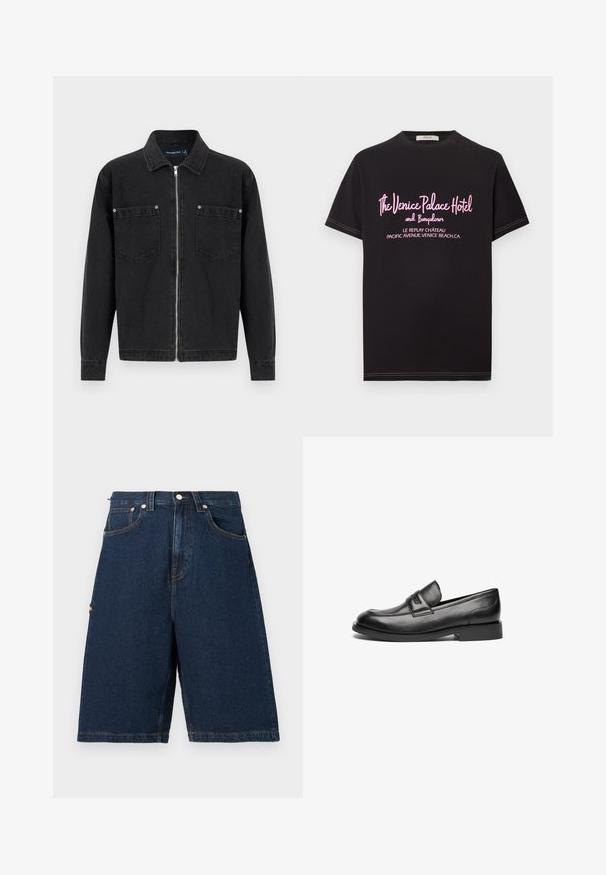 Sort denimjakke med lange ærmer, fuld lynlås foran, to brystlommer med knappetaljer og en klassisk krave.; Sort kortærmet T-shirt med pink tekst, der står "The Venice Palace Hotel and Bungalows, Le Replay Château, Pacific Avenue, Venice Beach, CA."; Mørkeblå denimshorts i løs pasform med to frontlommer og en enkelt baglomme, afsluttet med orange syninger.; Sorte læder loafers har en rund tå, en stikning hen over toppen og en lav, flad gummisål. Glat tekstur uden synlige mønstre.