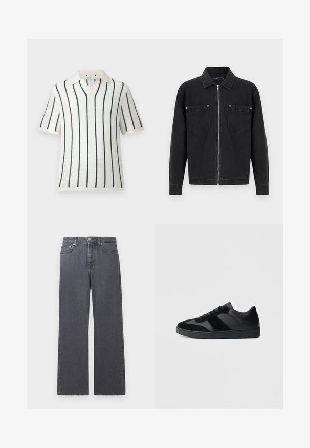 Veste en denim noir à manches longues, fermeture éclair intégrale à l'avant, deux poches poitrine avec détails à boutons, et col classique.; Polo en maille blanche à manches courtes avec des rayures verticales vert foncé et un col doux, présenté sur un fond uni clair.; Jean droit taille haute en denim gris foncé avec bouton frontal, fermeture éclair, et design à cinq poches sur fond blanc.; Baskets noires combinant cuir lisse et daim, avec une semelle en caoutchouc noire texturée et un détail de rayures discrètes.