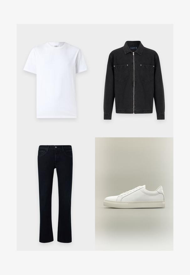 Veste en denim noir à manches longues, fermeture éclair intégrale à l'avant, deux poches poitrine avec détails à boutons, et col classique.; T-shirt en coton blanc avec un col rond et des manches courtes. Design simple sans motifs ni graphiques, avec le logo GAP sur le col.; Jean en denim noir avec une légère évasée, design à cinq poches, passants de ceinture et fermeture à bouton sur fond blanc.; Baskets blanches basses à lacets sur l’avant et semelle épaisse, vues de côté sur un fond neutre.