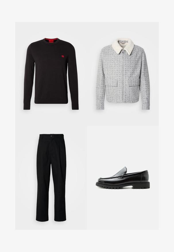 Grå mønstret jakke med lynlås foran, med en blød hvid lammeskinds-krave og to store forlommer foran. Stoffet har et struktureret udseende.; Sort crewneck sweatshirt lavet af blødt stof, med lange ærmer, ribbede manchetter og et lille rødt logo-patch på brystet.; Sorte lige ben bukser med en knaplukket talje, bæltestropper og en frontfold, præsenteret mod en ensfarvet hvid baggrund.; Sort læderloafer med chunky gummisål, syet overdel og præget mærkenavn på hælen, vist i sideprofil på hvid baggrund.