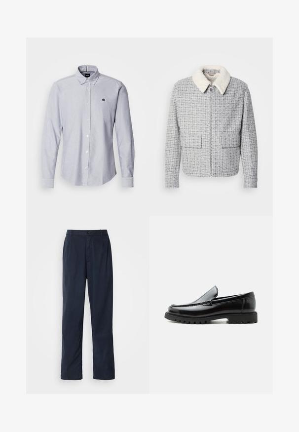 Veste grise à motifs avec une fermeture éclair à l'avant, dotée d'un col en peau lainée blanche douce et de deux grandes poches avant. Le tissu a un aspect texturé.; Chemise boutonnée bleu clair à manches longues, fabriquée à partir d'un tissu texturé. Présente un petit logo sur la poitrine gauche et des poignets standards.; Pantalon bleu marine en mélange de coton. Présente une coupe droite, une fermeture à bouton sur le devant et de légères plis. Texture douce.; Mocassin en cuir noir avec semelle en caoutchouc épaisse, dessus cousu et nom de marque embossé sur le talon, présenté de profil sur fond blanc.