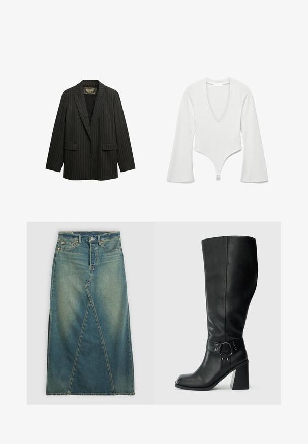 Blazer negro a rayas finas con solapa muesca, cierre de un solo botón, dos bolsillos frontales y una textura de tela suave.; Body de manga larga blanca con escote en V profundo y mangas acampanadas, con cierres a presión en la entrepierna.; Falda de mezclilla de cintura alta, en azul medio. Presenta una costura delantera distintiva, aberturas laterales y diseño de cinco bolsillos estándar.; Botas de cuero negro hasta la rodilla con puntera cuadrada, tacón ancho y una correa decorativa con acentos metálicos alrededor del tobillo. Textura suave.
