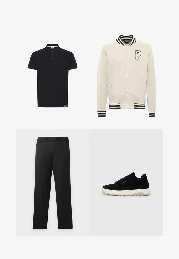 Cazadora universitaria de color beige claro hecha de tela suave, con cuello y puños acanalados en negro y blanco, y un prominente 'P' bordado en el pecho.; Camisa polo negra de color sólido, con un cuello clásico, tapeta de tres botones marrones y un parche texturizado con el logo en la manga.; Pantalones negros confeccionados en una mezcla de algodón, con un diseño de pierna recta, cierre de botón y bolsillos laterales sin costuras.; Zapatilla de ante negra con suela de goma crema, cordones planos y forro interior suave. Presenta un branding mínimo en dorado.
