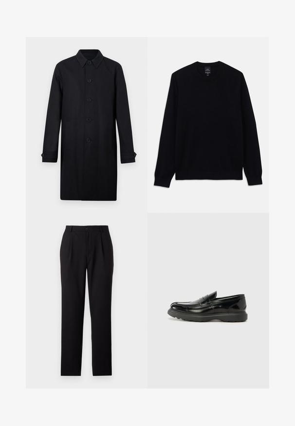 Abrigo largo para hombre en color negro con cierre frontal de botones, cuello puntiagudo, bolsillos laterales y puños con botones.; Suéter negro de manga larga con cuello redondo, con puños y dobladillo acanalados. Etiqueta de Armani Exchange visible en el interior del cuello.; Pantalones de vestir negros con un diseño de pierna recta, fabricados en un tejido suave. Presentan pliegues frontales y un cierre de botón en la cintura.; Mocasín de cuero negro con un acabado brillante, punta redondeada, detalles de costura sutiles y una suela de goma gruesa para mayor durabilidad.