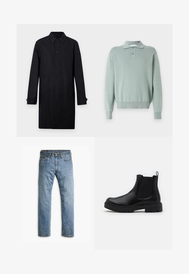 Manteau long pour homme noir avec fermeture à boutons sur le devant, col pointu, poches latérales et poignets de manches boutonnés.; Pull léger en tricot vert clair avec un col polo, deux boutons, des poignets et un ourlet côtelés. Texture douce et coupe décontractée.; Jeans en denim bleu à jambe droite avec cinq poches, passants de ceinture et fermeture à bouton en métal sur un fond blanc.; Zign LEATHER - Bottines - black