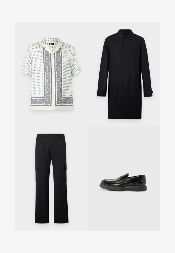 Manteau long pour homme noir avec fermeture à boutons sur le devant, col pointu, poches latérales et poignets de manches boutonnés.; Chemise à manches courtes couleur crème avec boutons, motifs paisley bleu marine et petites croix, col évasé et coupe décontractée.; Pantalon cargo noir à jambes droites avec poches à rabat latérales et passants de ceinture sur fond blanc uni.; Mocassin en cuir noir avec une finition brillante, bout arrondi, détails de couture subtils et semelle en caoutchouc épaisse pour la durabilité.