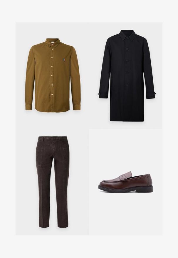 Abrigo largo para hombre en color negro con cierre frontal de botones, cuello puntiagudo, bolsillos laterales y puños con botones.; Camisa marrón de manga larga con cuello abotonado, que presenta un pequeño diseño bordado multicolor en el pecho y botones de color claro.; Pantalones de pana marrón oscuro con un diseño de pierna recta, que presentan una textura suave y una cinturilla estándar. Sin patrones visibles ni detalles metálicos.; Mocasín de cuero marrón con suela negra y detalles cosidos, mostrado de perfil sobre fondo blanco.