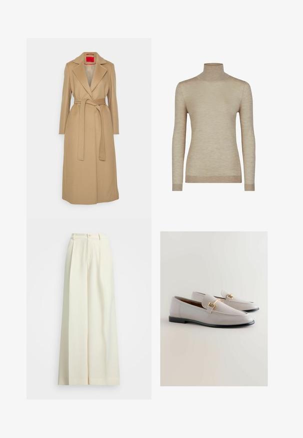 Beige lang frakke med notched lapel, bælte i taljen og lige snit. Glat tekstur med rød indvendig foering. Ingen synlige metaldele.; Beige turtleneck sweater med lange ærmer, lavet af let strikket materiale, med ribbet kant og subtil tekstur.; Bredde benbukser i off-white stof, med høj talje, dobbelte plisseringer og knaplukning. Glat tekstur og skræddersyet design.; Lys grå læder loafers med spids tå, der har en guldtonet metalaccent og en lav sort hæl. Glat tekstur, minimalistisk design.