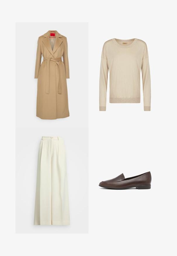 Beige lang frakke med notched lapel, bælte i taljen og lige snit. Glat tekstur med rød indvendig foering. Ingen synlige metaldele.; Beige oversized sweater lavet af blødt stof, med en rund halsudskæring, lange ærmer og ribbede mansjetter og kant. Minimalistisk design.; Bredde benbukser i off-white stof, med høj talje, dobbelte plisseringer og knaplukning. Glat tekstur og skræddersyet design.; Brun læder slip-on loafer med lav stakket hæl og rundet tå, vist i profil på hvid baggrund.
