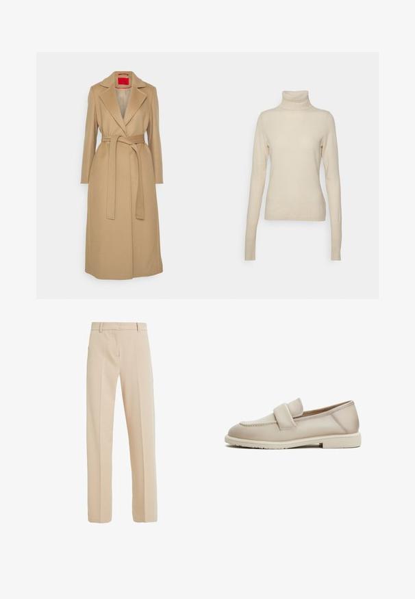 Beige lang frakke med notched lapel, bælte i taljen og lige snit. Glat tekstur med rød indvendig foering. Ingen synlige metaldele.; FTC Cashmere Striktrøje - oatmeal; Beige skræddersyede bukser lavet af glat stof, med lige ben, sidelommer og folder nedad foran.; Beige læder loafers med en jævn tekstur, der har et forhøjet bånd over forgabreren og en lav, flad gummisål.