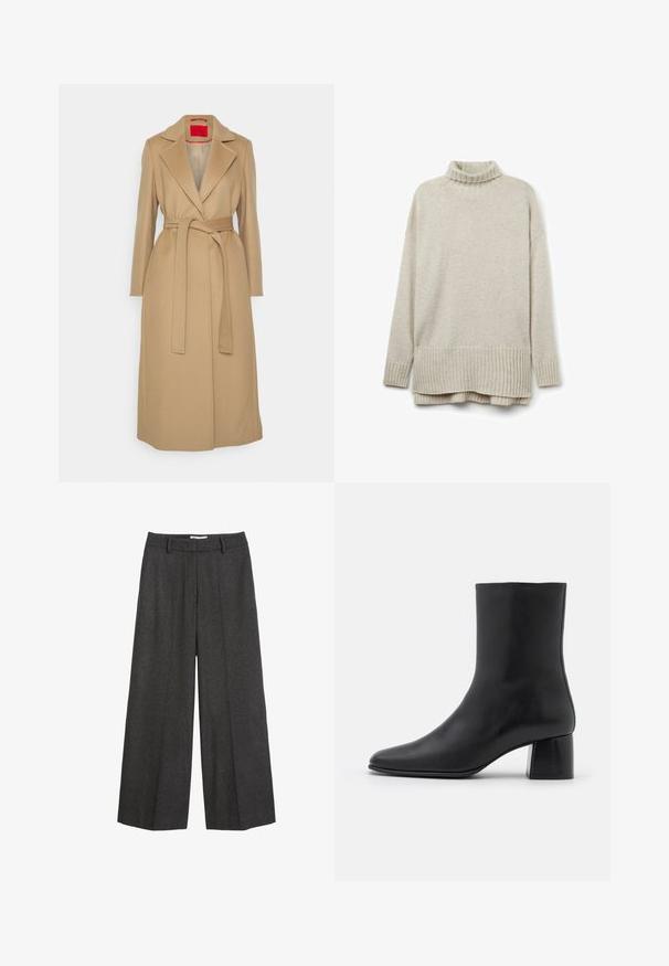 Beige lang frakke med notched lapel, bælte i taljen og lige snit. Glat tekstur med rød indvendig foering. Ingen synlige metaldele.; Beige striktrøje med ribbet turtleneck, lange ærmer og en nederkant med diagonal ribning. Blød tekstur og afslappet pasform.; Bredde bukser i mørkegrå stof. Har en skræddersyet talje med bæltesløjfer, glat tekstur og minimale syninger som detaljer.; Sorte læder ankelstøvler med spids tå og en kraftig firkantet hæl. Glat overflade med et sømløst design og minimalistisk syning.
