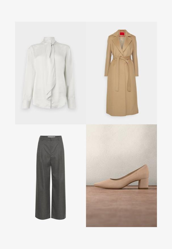 Manteau long beige à revers, avec une taille ceinturée et une coupe droite. Texture lisse avec une doublure intérieure rouge. Pas de matériel visible.; Blouse blanche à manches longues avec un col haut et un détail de foulard noué sur le devant, en tissu lisse semblable à du satin.; Pantalons gris à large jambe en tissu texturé, dotés d'une taille haute et de plis à l'avant, sans poches visibles ni détails en métal.; Escarpin beige en daim avec talon bloc et bout pointu, présenté flottant au-dessus d'une surface grise devant un arrière-plan flou vert et noir.