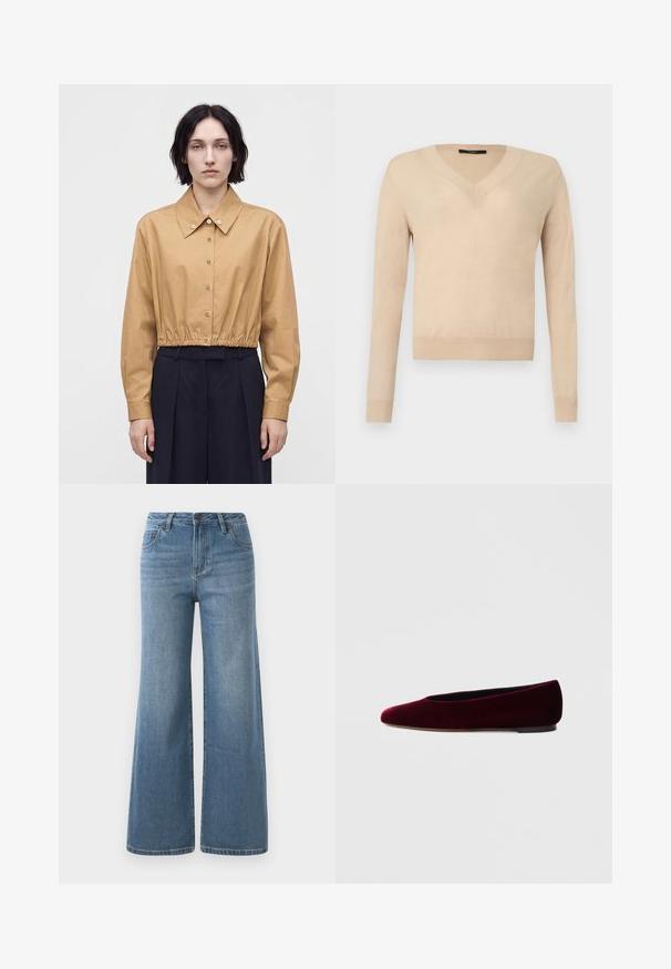 Mujer con cabello corto y oscuro que lleva una camisa corta de color marrón claro abotonada y pantalones anchos de cintura alta de color oscuro, de pie frente a un fondo liso.; Suéter beige de manga larga con cuello en V, puños y dobladillo acanalados, tejido liso, presentado sobre un fondo blanco.; Vaqueros de mezclilla anchos de color azul claro con una cintura alta, cierre de botón y cremallera, y bolsillos frontales.; Bailarinas de terciopelo burdeos con punta redondeada y tacón bajo, de textura suave y diseño elegante.