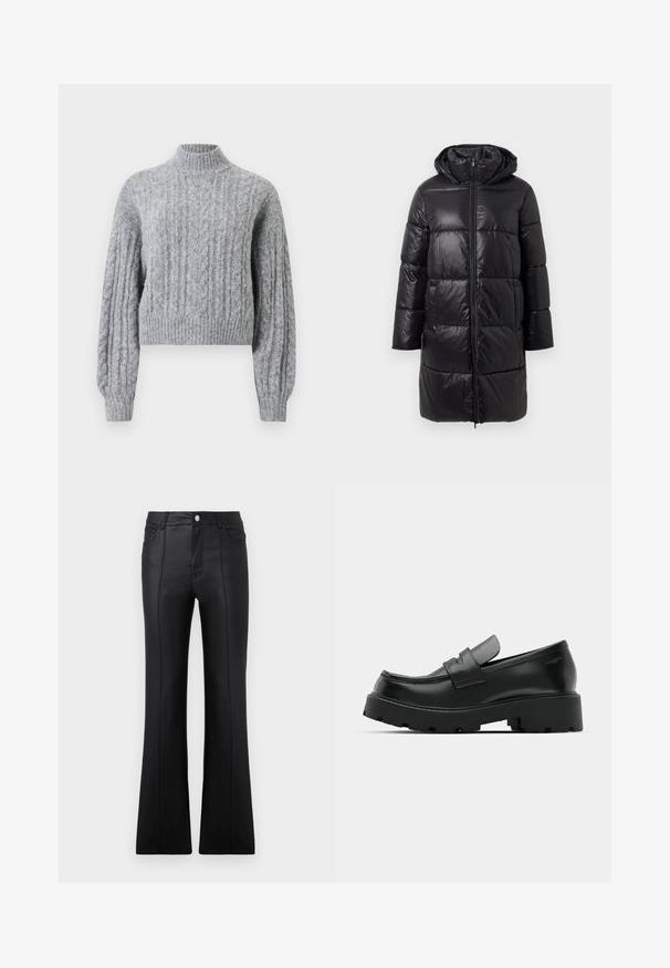 Veste parka noire rembourrée avec une finition brillante, dotée d'une capuche, d'une fermeture éclair sur toute la longueur et de deux poches avant. Ajustement standard avec des manches longues.; Pull en laine gris clair à mailles torsadées avec col montant, longues manches puffées, et bords côtelés au niveau des poignets et de l'ourlet.; Pantalons évasés noirs en matériau synthétique lisse, dotés d'une taille haute, de poches avant et d'un détail de couture visible le long des jambes.; Mocassins en cuir noir avec une semelle épaisse et texturée, dotés d'une sangle sur le vamp et d'une finition lisse et polie.