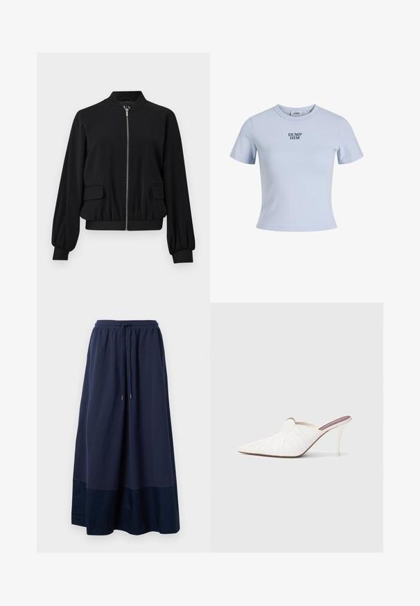 Chaqueta bomber negra con cremallera frontal, puños y dobladillo elásticos, dos bolsillos con solapa y un pequeño cuello mao.; Camiseta de manga corta azul claro hecha de tela suave. Presenta un cuello redondo y el texto "DUMP HIM" impreso en negrita color marino.; Falda maxi de color azul marino hecha de una tela suave, con una cinturilla elástica y un cordón, y un panel azul más oscuro en el dobladillo.; Mules blancos con punta afilada, textura plisada en la parte superior y un tacón de aguja delgado. Superficie lisa y diseño minimalista.