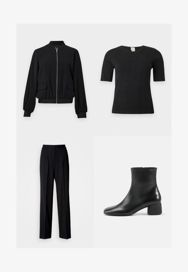 Veste bomber noire avec fermeture éclair à l'avant, poignets et ourlet élastiques, deux poches à rabat et un petit col montant.; Haut Calvin Klein noir à manches courtes côtelées, col rond et logo discret brodé sur la poitrine, sur un fond uni.; Pantalon noir ajusté avec taille haute, plis et coupe à jambes larges. Confectionné en tissu lisse, avec devant plat et passants pour ceinture.; Bottine en cuir noir avec bout carré arrondi, fermeture éclair latérale et talon bas épais sur fond clair uni.