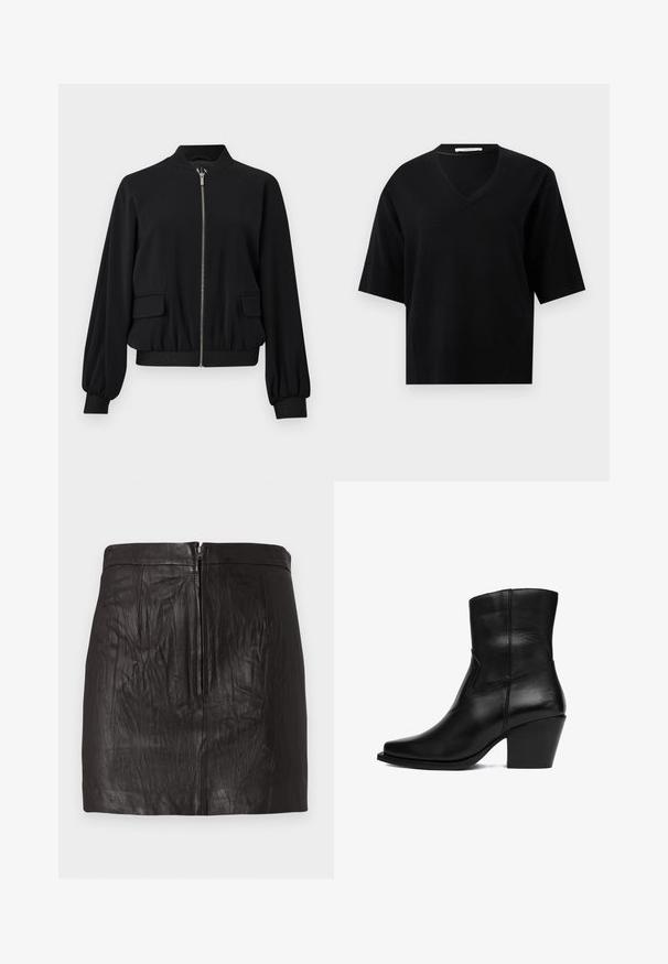 Schwarze Bomberjacke mit Frontreißverschluss, elastischen Bündchen und Saum, zwei Klappentaschen und kleinem Stehkragen.; Schwarzer Kurzarmpullover mit V-Ausschnitt sowie geripptem Saum und Bündchen vor hellem, einfarbigem Hintergrund.; Schwarzer Leder-Minirock mit einem Reißverschluss vorne und dezenten vertikalen Nahtdetails auf einem einfarbigen Hintergrund.; Schwarzer Leder-Stiefelette mit spitz zulaufender Zehenpartie und geschwungenem Absatz. Verfügt über ein einfaches Steppmuster und keine sichtbaren Beschläge.