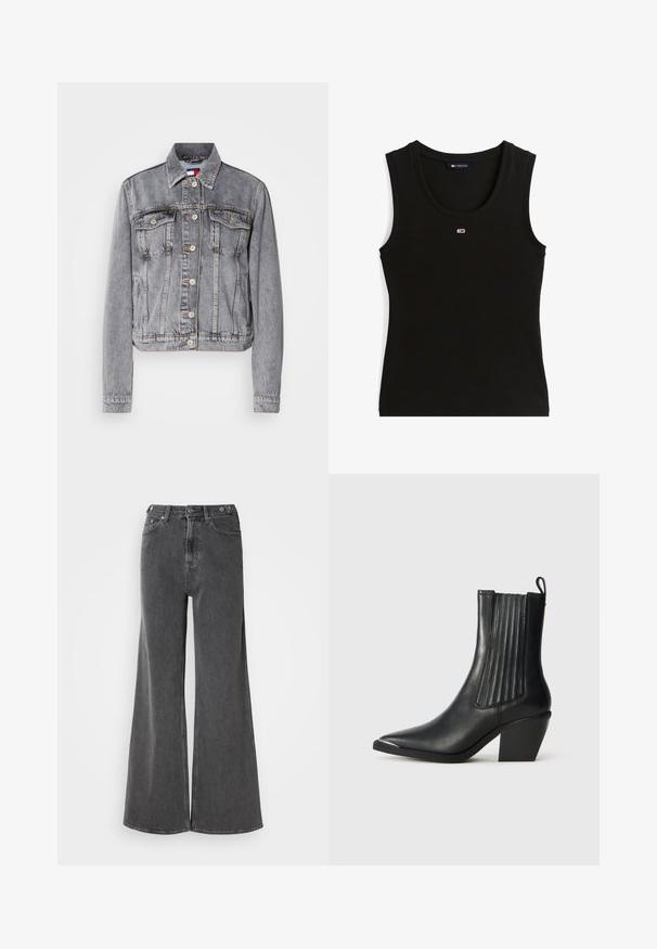 Graue Denimjacke mit einem verkürzten Design, zwei Brusttaschen, Knopfverschluss und sichtbaren Steppnähten. Lange Ärmel mit Bündchen.; Schwarzes, geripptes ärmelloses Tanktop mit kleinem rot-weiß-blauem rechteckigem Logo in der Mitte der Brust und einem Kragenetikett mit der Aufschrift Tommy Jeans.; Breite Jeans aus verwaschenem schwarzen Denim mit hoher Taille, zwei vorderen Taschen und Metallknopfverschlüssen. Glatte Struktur, minimalistische Details.; Schwarze Lederstiefelette mit spitzer Zehenform, gerippten Seitenpaneelen und einem klobigen Absatz, vor einem strukturierten Fliesenboden.