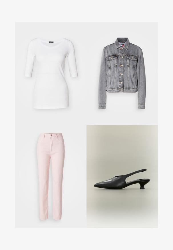 Veste en denim grise au design court, avec deux poches poitrine, fermeture à boutons et coutures visibles. Manches longues avec poignets.; T-shirt ajusté blanc avec des manches trois quarts, texture douce, encolure ronde et un détail d'accent sur le côté près de l'ourlet.; Pantalons en denim rose clair avec une coupe droite, comportant cinq poches, une fermeture à bouton et des détails de couture subtils.; Chaussure à bride arrière en cuir noir avec bout pointu et petit talon bas sur fond neutre.