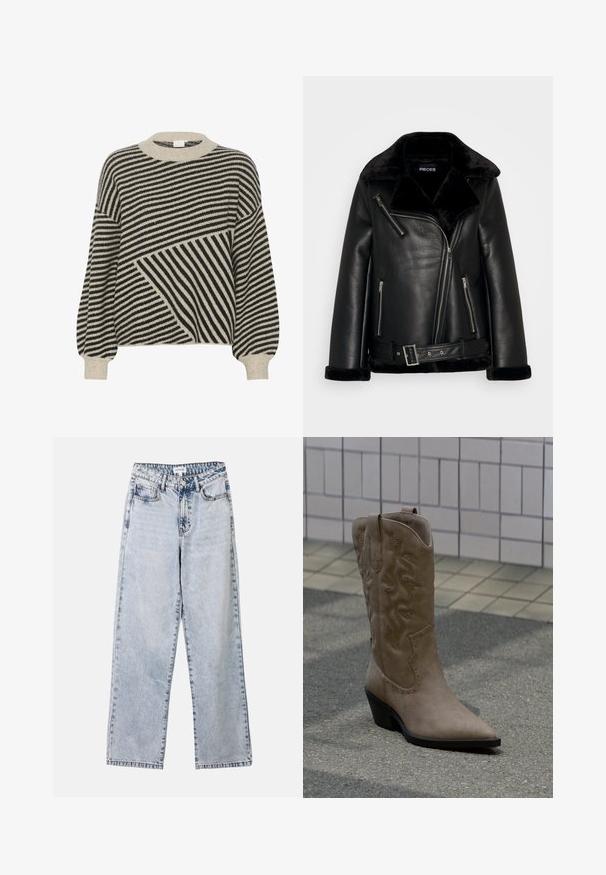 Sort faux læder bikerjakke med bred krave, lynlåslukning foran og bælte detalje. Har bløde sorte faux pels accenter på kraven og manchetterne.; Sort og cremestribet sweater med rund hals og ballonærmer. Har varierede stribevinkler og blød strikstruktur.; Lysblå lige ben jeans lavet af denim, med to frontlommer, en knaplukning og kontraststing langs sømmene.; Høj, beige cowboystøvle i ruskind med dekorative syninger og nitteaccenter, med spids snude og skråsort hæl på fortovet.