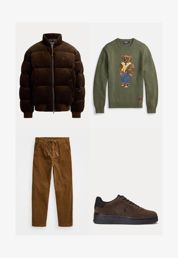 Mørkebrun polstret jakke med høj krave, lynlås foran, sidelommer, ribstrikkede manchetter og kant samt lille grønt broderet logo på brystet.; Grøn strikket sweater med et broderet motiv af en bjørn iført brun jakke, gul tørklæde, stribet skjorte og blå jeans. Rødt "RL"-logo ved kanten.; Brune corduroy bukser med en elastisk talje med snøre, sidelommer og lige ben med tekstureret ribbing.; Mørkebrun lavtop sneaker med sort sål, sorte snørebånd og mesh sidepanel med lille sort logo.