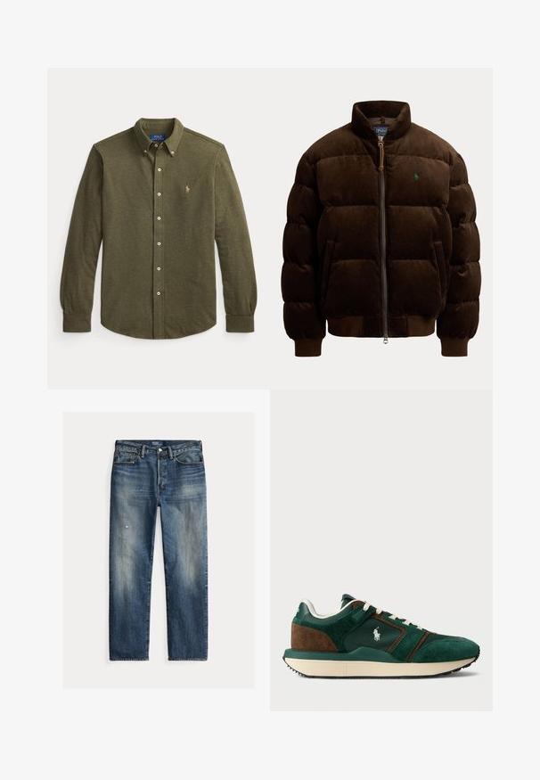 Dunkelbraune gesteppte Jacke mit hohem Kragen, Reißverschluss vorne, Seitentaschen, gerippten Bündchen und Saum sowie kleinem grünem besticktem Logo auf der Brust.; Langärmeliges olivgrünes Hemd mit Kragen und kleinem besticktem Logo auf der linken Brust.; Locker geschnittene Jeans aus blauem Denim mit verwaschenem Finish, sichtbaren Gebrauchsspuren, gerader Silhouette und traditionellem Knopfverschluss.; Herren Sneaker aus dunkelgrünem und braunem Wildleder, mit Mesh-Einsätzen, weißen Schnürsenkeln und einer Gummisohle. Mit einem Logo an der Seite.