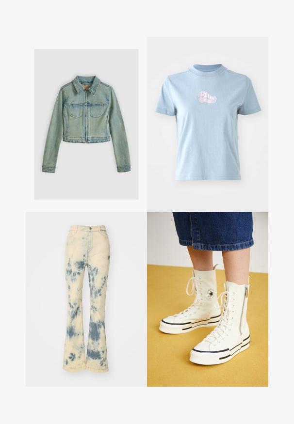 Hellblaue Jeansjacke mit vorderem Reißverschluss, zwei Klappentaschen, langen Ärmeln und klassischem Kragen, auf einem einfarbigen Hintergrund präsentiert.; Helles blaues Baumwoll-T-Shirt mit kurzen Ärmeln und hohem Ausschnitt, das auf der Vorderseite ein kleines pinkes besticktes Muschel-Design zeigt.; Helle cremafarbene Schlagjeans mit einem blauen Batikmuster. Aus Denim mit einer leicht strukturierten Oberfläche und standardmäßiger Fünf-Taschen-Design.; Weiße High-Top-Sneaker mit Reißverschluss, Schnürdesign und schwarzen Streifenakzenten auf einer dicken Sohle. Texturiertes Canvas-Material.