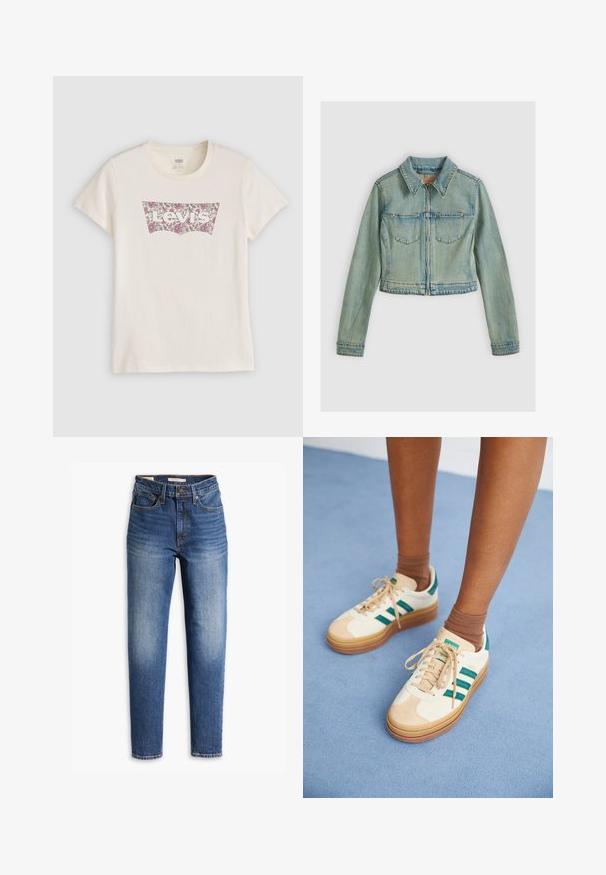 Veste en denim bleu clair avec fermeture éclair à l'avant, deux poches à rabat, manches longues et col classique, présentée sur un fond uni.; T-shirt Levi's couleur crème avec un logo à motif floral en violet et blanc sur la poitrine, manches courtes et col rond.; Jean en denim bleu avec une coupe droite, taille haute, poches avant et une finition délavée près des cuisses pour un aspect usé.; Baskets beiges avec des rayures vert foncé, semelle en caoutchouc, tige en daim et textile, et accessoires neutres, associées à des chaussettes brunes sur une surface bleu clair.
