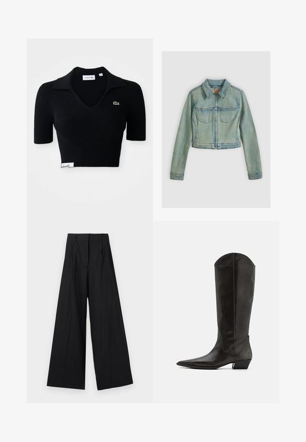 Lichtblauwe spijkerjas met ritssluiting aan de voorkant, twee klepzakken, lange mouwen en een klassieke kraag, afgebeeld op een effen achtergrond.; Zwarte cropped poloshirt van ribstof met een V-hals, korte mouwen en een groen geborduurd logo op de linkerborst. Witte label aan de zoom.; Zwarte wijde broek met een streeppatroon. Gemaakt van een glad materiaal, met een hoge taille en plooien aan de voorkant.; Zwarte leren laarzen tot de knie met een spitse neus, een lage blokhak en een slank ontwerp. De schacht heeft een lichte kromming aan de bovenkant.