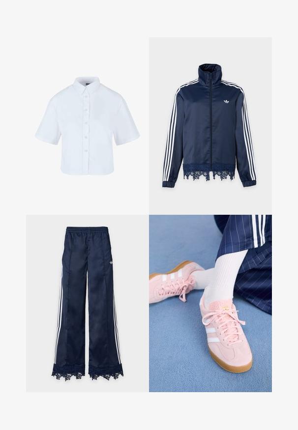 Σκούρο μπλε μπλουζάκι Adidas με λευκές ρίγες στα μανίκια, φερμουάρ μπροστά, ψηλό γιακά, ελαστικές μανσέτες και δαντελένιο τελείωμα στο τελείωμα.; Λευκό κοντό πουκάμισο με κουμπιά και κοντά μανίκια, με κλασικό γιακά και κουμπιά με απαλή όψη μαργαρίτας, φτιαγμένο από απαλό ύφασμα.; Ναυτικό μπλε παντελόνες φόρμας με φαρδύ μπατζάκι, λευκές ρίγες πλαϊνές, ελαστική μέση, λογότυπο adidas στο ισχίο και δαντέλα στο κάτω μέρος.; Ροζ σουέτ αθλητικά παπούτσια με λευκές ρίγες και κορδόνια, που διαθέτουν υφή στη γλώσσα και καουτσούκ σόλα, τοποθετημένα σε μπλε χαλί.